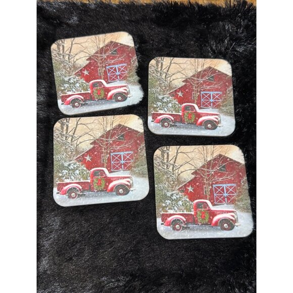 Christmas-Themed Cork Coasters With Red Truck & Barn Design Cork Back Set Of 4 - Picture 2 of 5